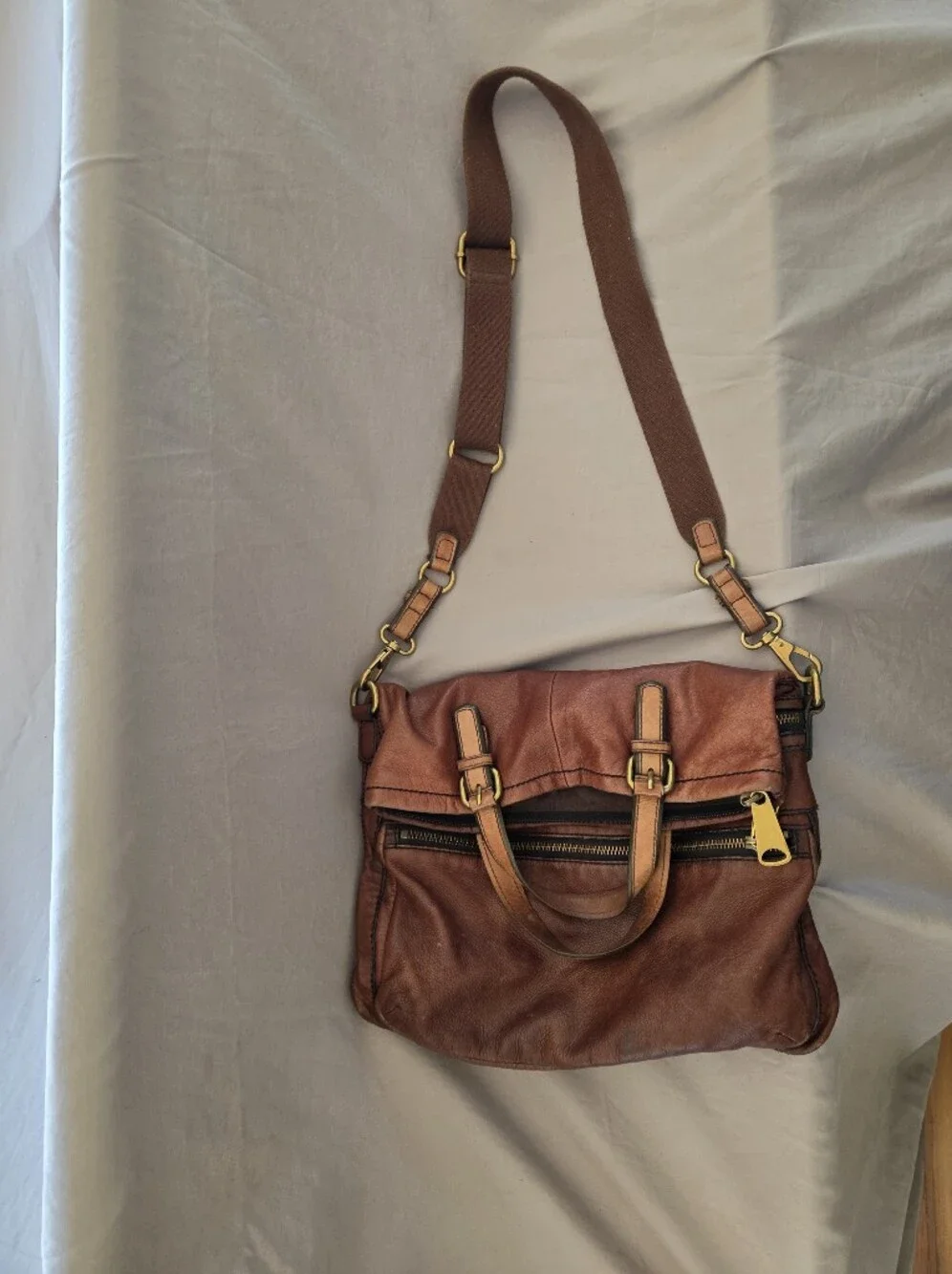 Brown Leather Messenger Bag with Brass Accents By Fossil